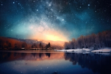 Dark Matter Skies Reflecting on a Frozen Lake - obrazy, fototapety, plakaty