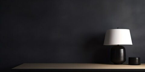 Beautiful minimalistic presentation background with a table and a white lamp against a black textured wall