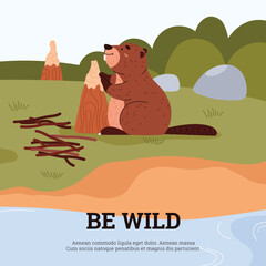 Cute cartoon beaver gnaws at tree, collects branches near the river, brown short-haired mammal vector wildlife poster - obrazy, fototapety, plakaty
