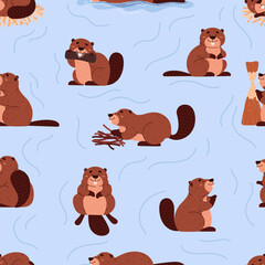 Seamless pattern with cartoon beavers gnaws at tree, collect branches, float, vector wild animal with large flat tail - obrazy, fototapety, plakaty