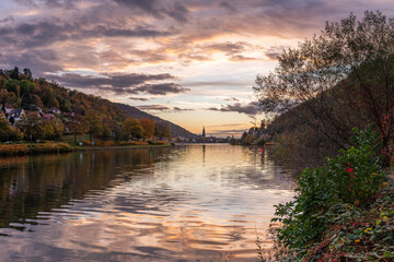 Neckar river at sunset, Heidelberg, Baden-Württemberg, Germany