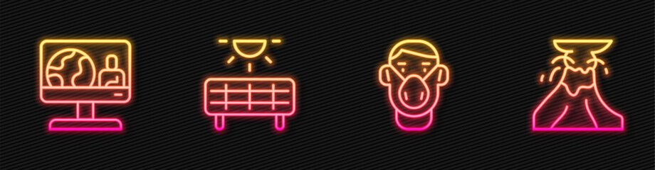 Set line Face in protective mask, Weather forecast, Solar energy panel and Volcano eruption with lava. Glowing neon icon. Vector