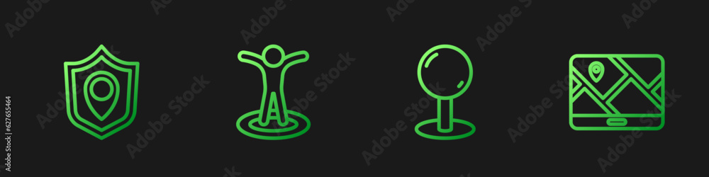 Poster set line push pin, location shield, with person and city map navigation. gradient color icons. vecto