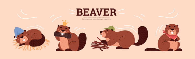 Set of cute beavers in different poses, cartoon flat vector illustration on beige background. - obrazy, fototapety, plakaty