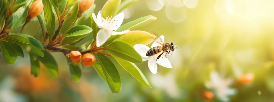 Beautiful natural background with orange tree foliage and flowers and a bee outdoors in nature
