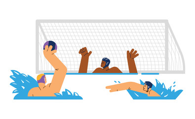 Water polo sportsmen play an attack in gate, flat vector illustration isolated.