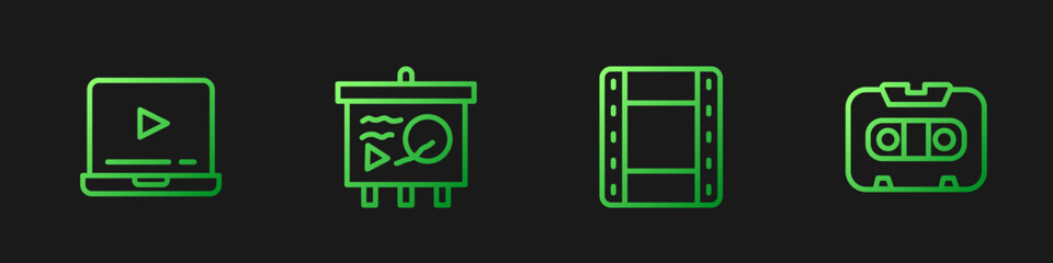 Set line Play Video, Online play video, Scenario on chalkboard and Retro audio cassette tape. Gradient color icons. Vector