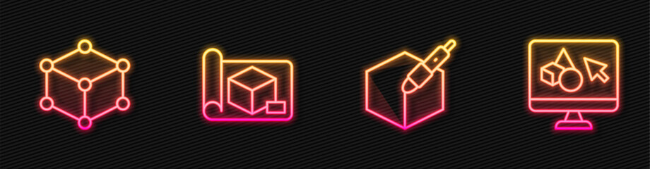 Set line 3d pen tool, Isometric cube, Graphing paper for engineering and 3D printer software. Glowing neon icon. Vector