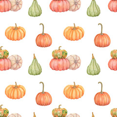 Bright seamless pattern with pumpkins. Autumn watercolor illustration for decor and textiles