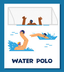 Water polo game, poster with text, flat vector illustration.