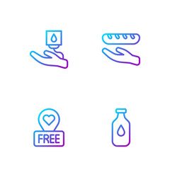 Set line Bottle of water, Location with heart, Blood donation and Donation food. Gradient color icons. Vector