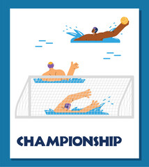 Water polo championship poster template, flat cartoon vector illustration.