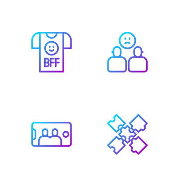 Set line Puzzle pieces toy, Selfie on mobile, BFF or best friends forever and Complicated relationship. Gradient color icons. Vector