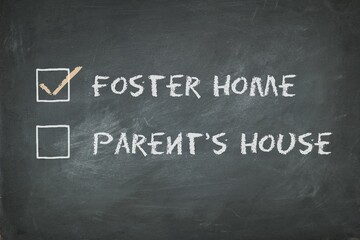 Personal information of a person of being grown up in foster home. Blackboard background. 