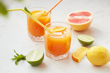 Non alcoholic, zero prof citrus drinks with grapefruit, orange, lemon and lime. Detox vitaminized healthy drink
