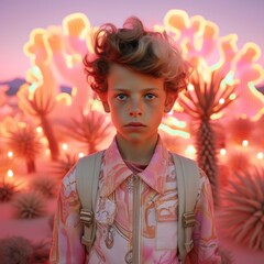 At a beautiful outdoor festival in the desert, a boy stands illuminated by glowing neon lights, surrounded by flowers and cactuses in vibrant clothing