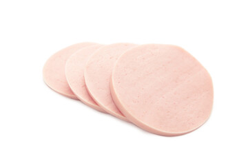 Sliced boiled tasty sausage isolated on white background