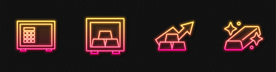 Set line Growth arrow with gold bars, Safe, and Gold. Glowing neon icon. Vector