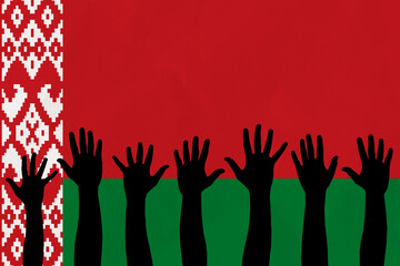 Group of people hands with Belarus flag background, political news banner