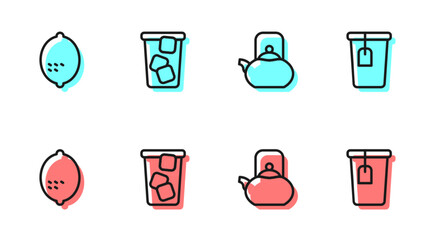 Set line Kettle with handle, Lemon, Ice tea and Cup bag icon. Vector