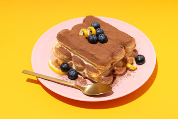Concept of sweet food, Tiramisu cake, close up
