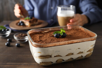 Concept of sweet food, Tiramisu cake, close up