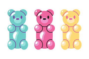 Obraz premium Jelly gummy bears, cartoon style. Sweet candy food. Trendy modern vector illustration isolated on white background, hand drawn, flat design