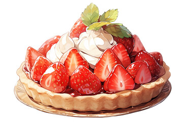A delicate strawberry tart with a dollop of cream. isolated object, transparent background - obrazy, fototapety, plakaty