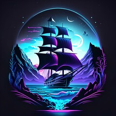 Sailor's ship, tropical t-shirt design wih isolated black background, digital illustration.