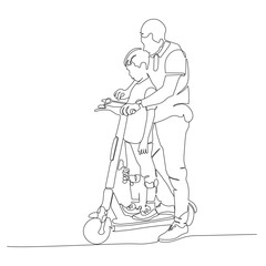 Man and boy setting electric scooter to rent. Vector illustration in line art style.