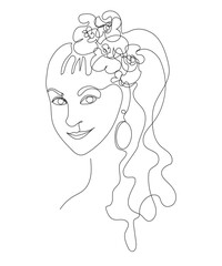 Abstract woman portrait with earrings and flowers in hairdress. Vector illustration in line art style. Continuous line drawing.