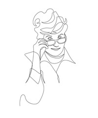 Woman portrait. Looking above glasses. Continuous line drawing. Black and white vector illustration in line art style.