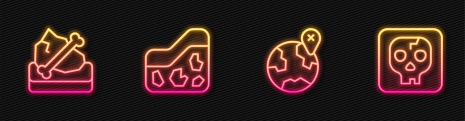 Set line Location on the globe, Archeology, Ground and . Glowing neon icon. Vector