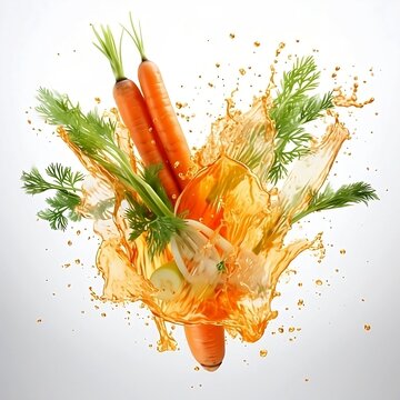 Explosi&oacute;n de zanahorias en sus jugos sobre fondo blanco. Generative AI.