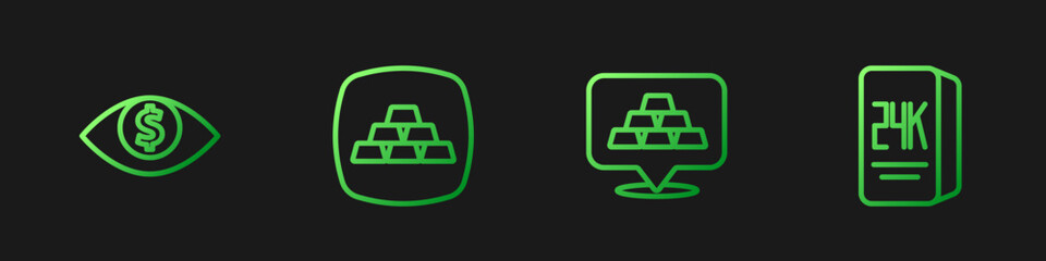 Set line Gold bars, Eye with dollar, and 24k. Gradient color icons. Vector