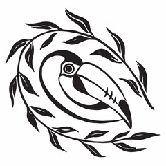 Exotic bird toucan drawing vector logo. Toucan head framed by a branch of leaves logo.Toucan black and white sketch isolated on white background. Logo bird. Tattoo design.