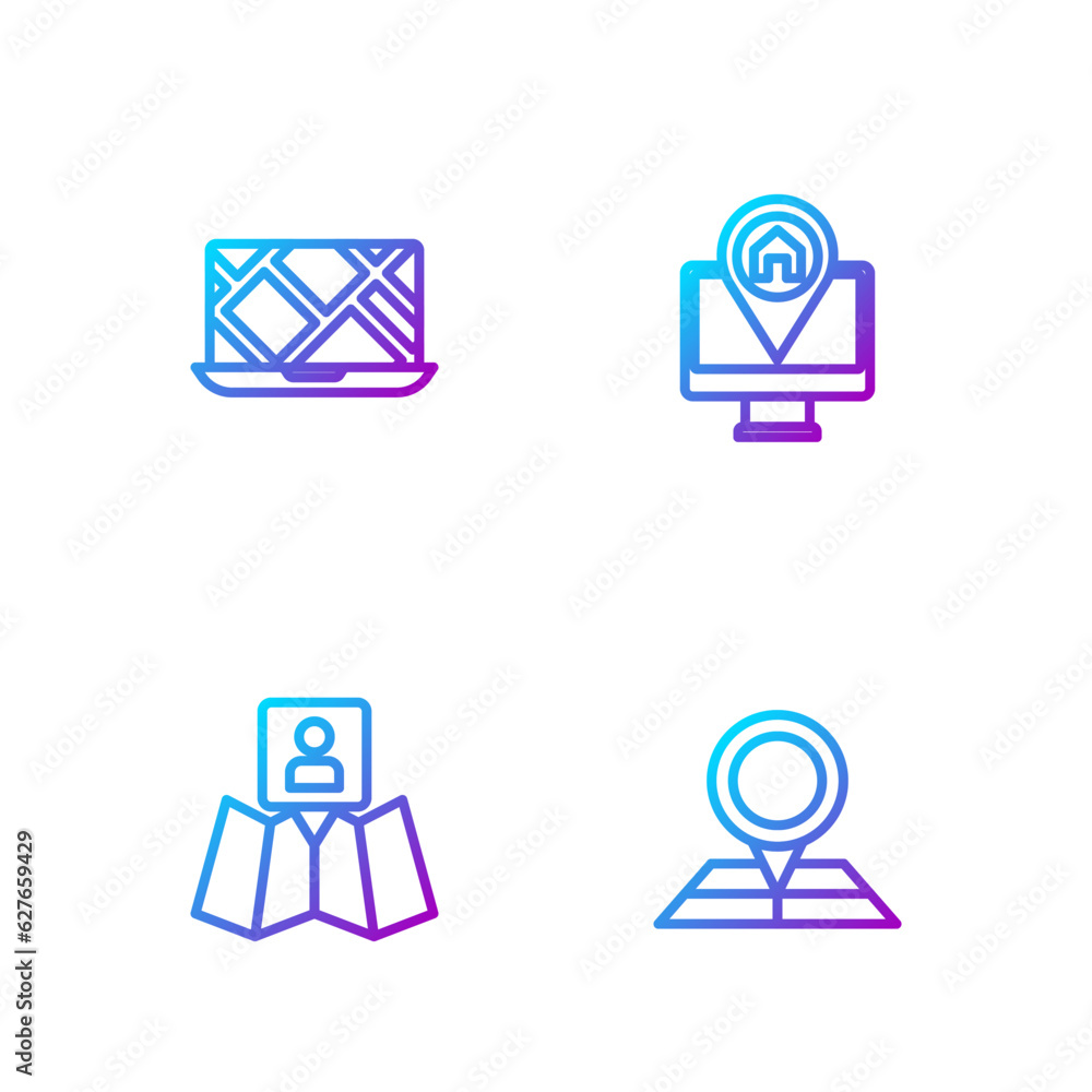 Poster set line folded map with location marker, city navigation and monitor. gradient color icons. vector