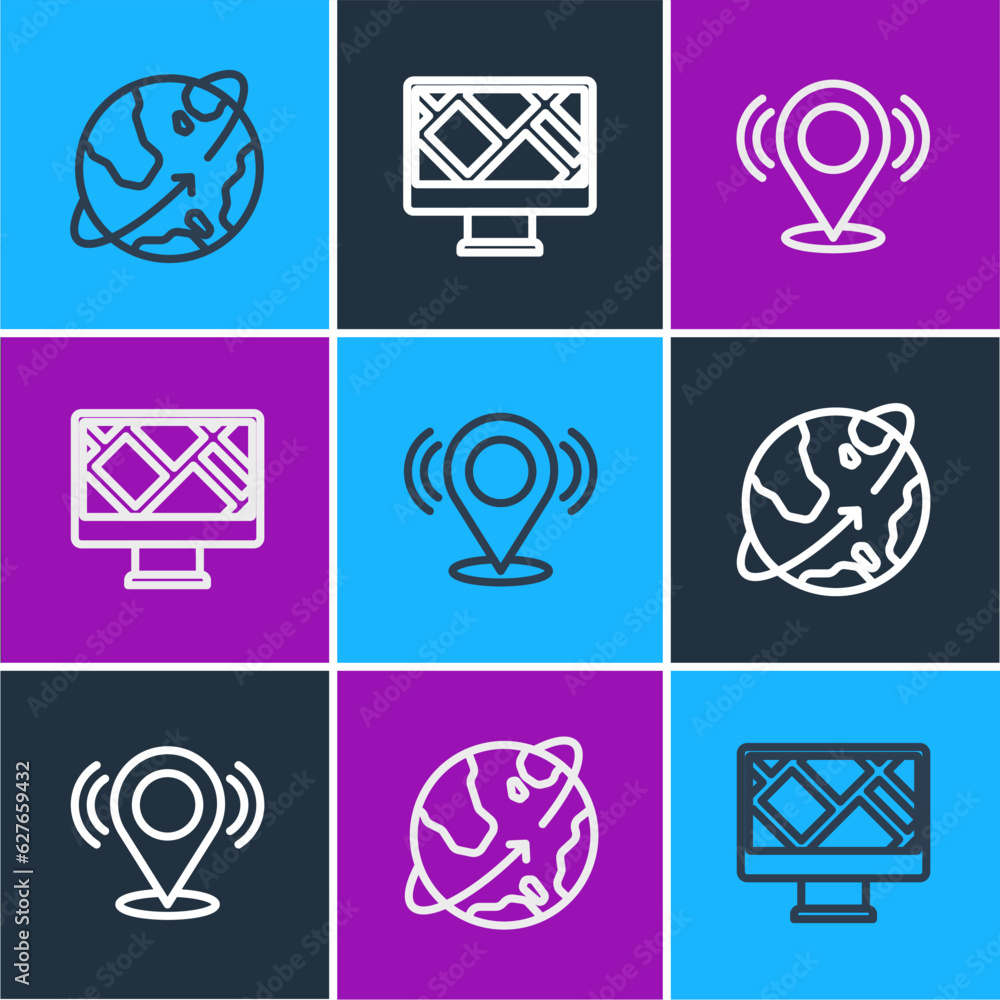 Poster set line satellites orbiting the earth, map pin and monitor with map location icon. vector
