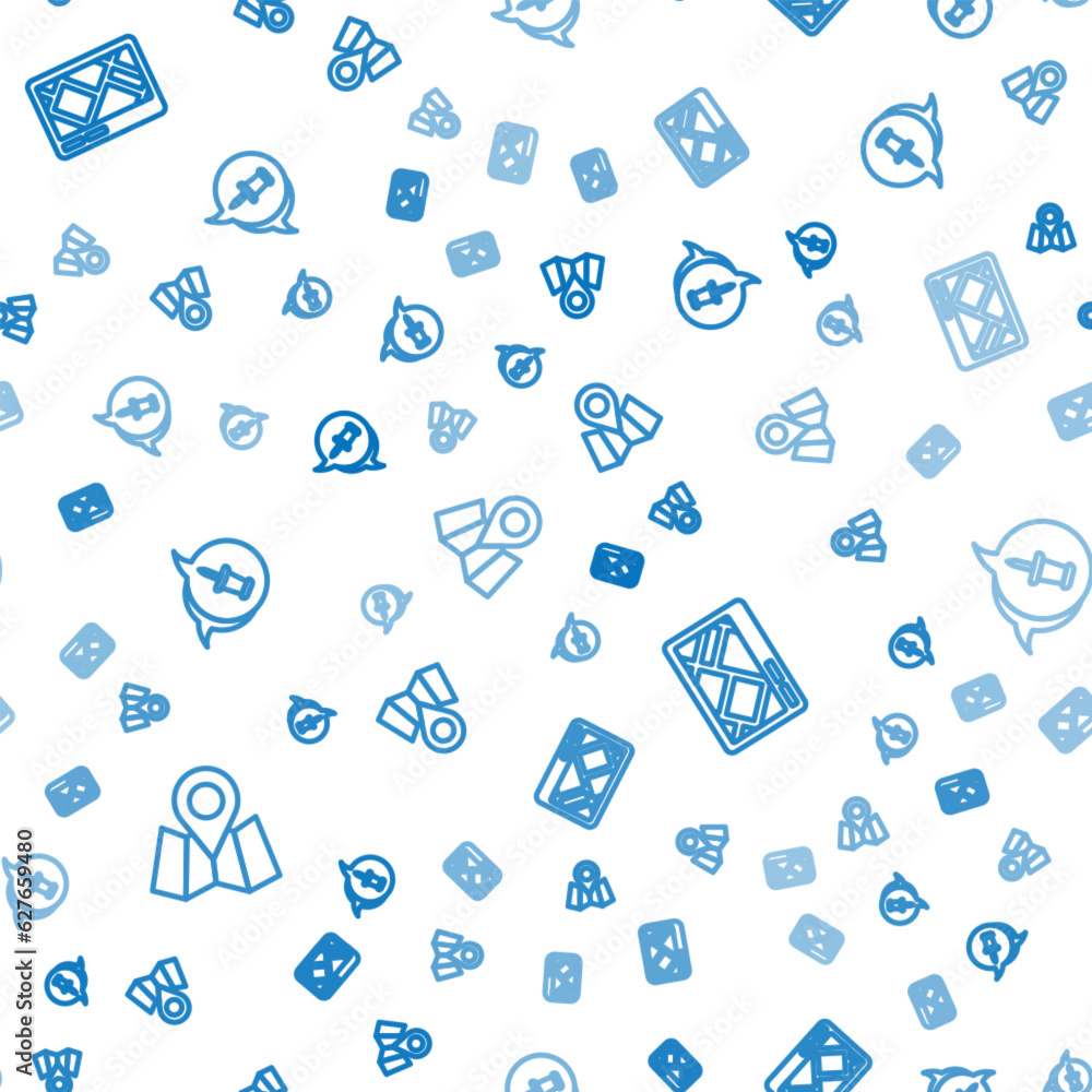 Poster set line folded map with location marker, gps device and push pin on seamless pattern. vector