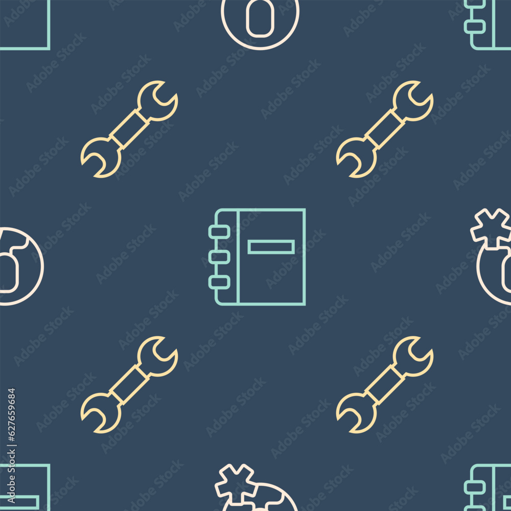 Poster set line elected employee, wrench spanner and notebook on seamless pattern. vector