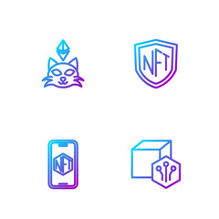Set line NFT Digital crypto art, Mobile with store app, and shield. Gradient color icons. Vector