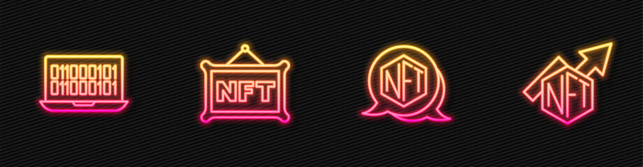 Set line NFT Digital crypto art, Binary code, and growth bar chart. Glowing neon icon. Vector