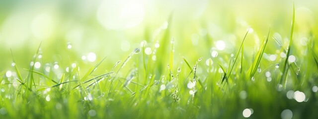 Juicy lush green grass on meadow with drops of water dew sparkle in morning light, spring summer outdoors close-up, copy space, wide format. Beautiful artistic image of purity and freshness of nature