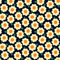 Floral seamless pattern. Doodle cartoon chamomile with green leaves repeat on dark background. Vector illustration.