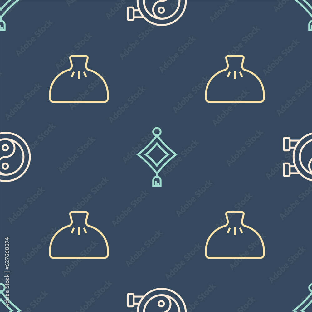 Poster set line yin yang symbol, dumpling and chinese paper lantern on seamless pattern. vector