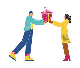 Happy people with big gift box flat style, vector illustration