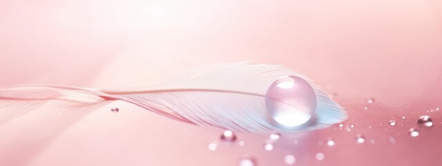 Light airy natural background in pink tones with drop of water on feather, macro. Elegant, gentle artistic image beauty of nature