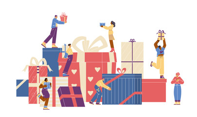 People characters near pile of gifts boxes flat vector illustration isolated.