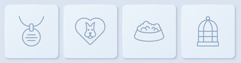 Set line Collar with name tag, Pet food bowl for cat or dog, Heart and Cage birds. White square button. Vector