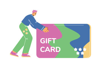 Man with gift card or store discount card, coupon flat vector illustration.